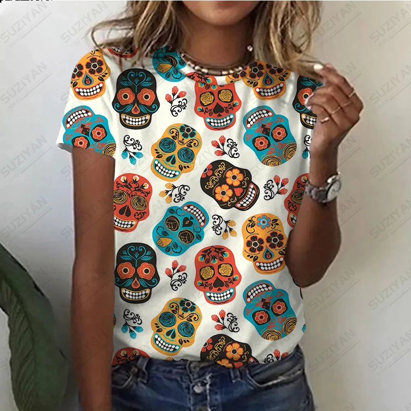Женская футболка с коротким рукавом и круглым вырезом, Темпераментная Повседневная Свободная футболка с большим черепом, топ с фрагментированным цветком, женский топ с 3D-принтом