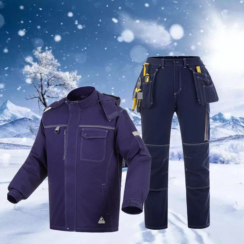 Зимний теплый рабочий костюм со съемной внутренней подкладкой, Утолщенный светоотражающий и морозостойкий жакет из чистого хлопка средней длины