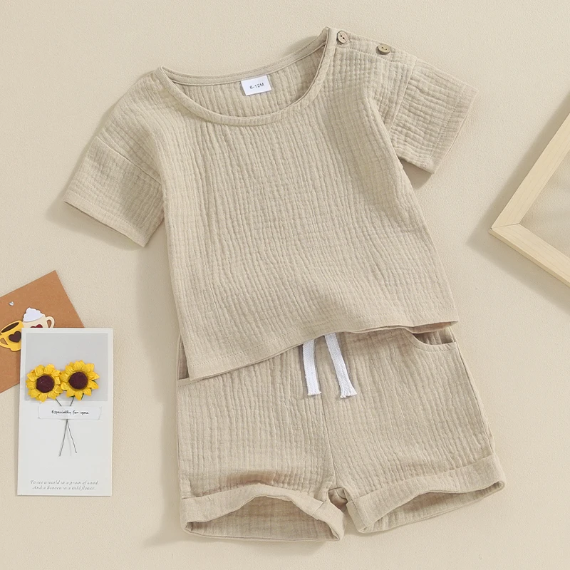 Хлопчатобумажная льняная одежда для маленьких мальчиков и девочек, однотонные топы с короткими рукавами, шорты на завязках, комплект из 2 предметов, летняя одежда для малышей